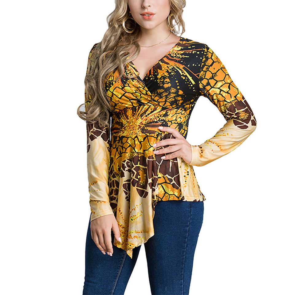 Women's V-neck Shirts Bohemia Print Slim