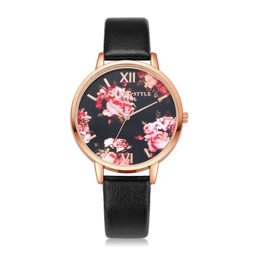 Leather Strap Rose Gold Women Watch